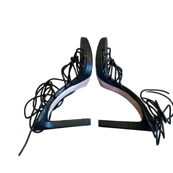 Paige Viola Black Snake Embossed Leather Heels Strappy Ankle Tie Size 7.5 Womens - Picture 3 of 12